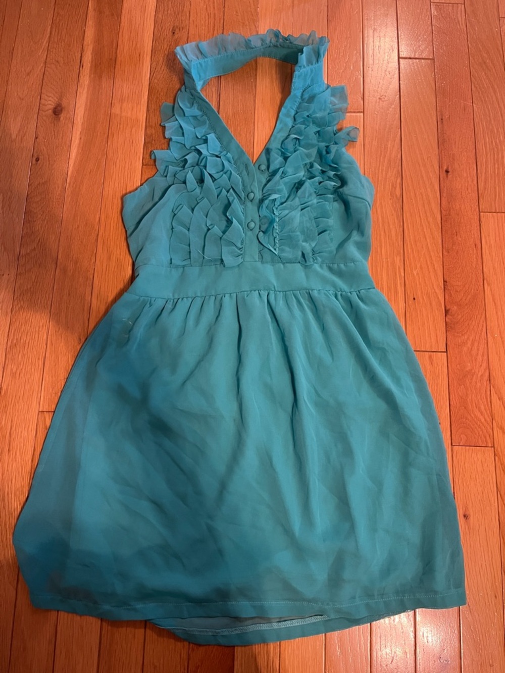 Turquoise frill halter mini dress